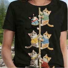 Women's Short-Sleeved T-Shirt With A Cute Kitten Climbing A Rope Print - Plain, Standard Size, Machine Washable, Ideal For Casual Wear In Spring, Summer, And Autumn. - 黑色 - 查看 1