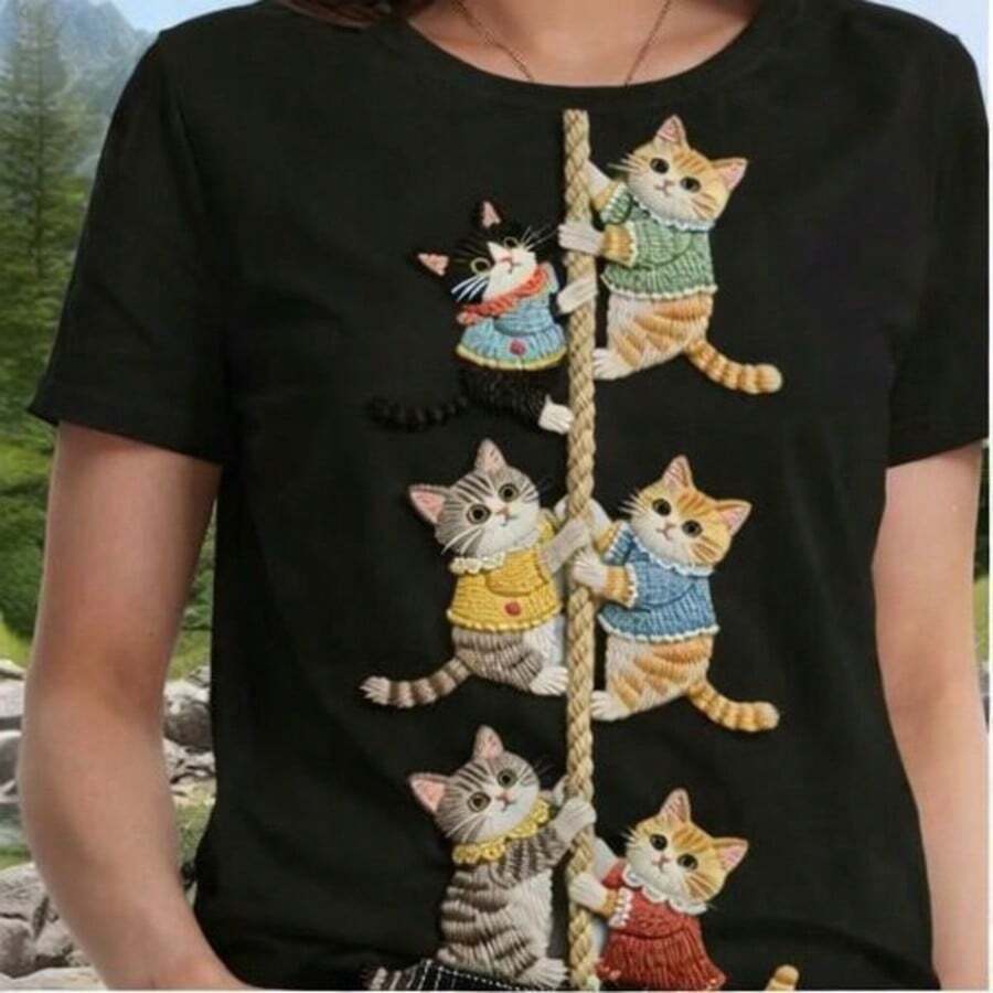 Women's Short-Sleeved T-Shirt With A Cute Kitten Climbing A Rope Print - Plain, Standard Size, Machine Washable, Ideal For Casual Wear In Spring, Summer, And Autumn. - 黑色 - 查看 1