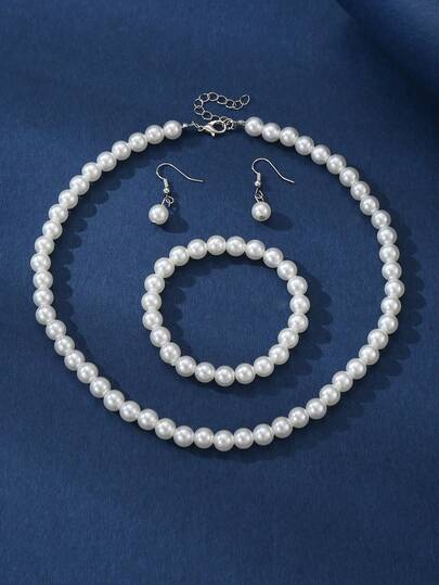 NAIZHU 4pcs Elegant Minimalist Faux Pearl Beaded Necklace, Bracelet, Earrings Jewelry Set, Suitable For Girls Party & Banquet
