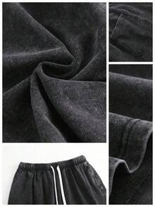 2PCS Set Men's Vintage Marlin & U Logo Huk Print 100% Cotton Washed Black Short Sleeve T-Shirt And Drawstring Shorts,Suitable For Summer Wear, Outdoor Fishing, Casual Shorts T-Shirt Shorts Set - 黑色 - 查看 5