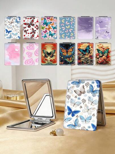 1pc Countryside British Style Butterfly Series Portable Vanity Mirror, Foldable Lightweight Ultra-Thin Convenient Hand Mirror, Durable PU Leather, Suitable For Multiple Scenarios, Foldable Rectangular Compact Mirror, Portable, Featuring Cute Butterfly, Heart, Floral Print Design, Delicate Folding Structure, Durable And Reliable, Shockproof, Easy To Carry And Hold