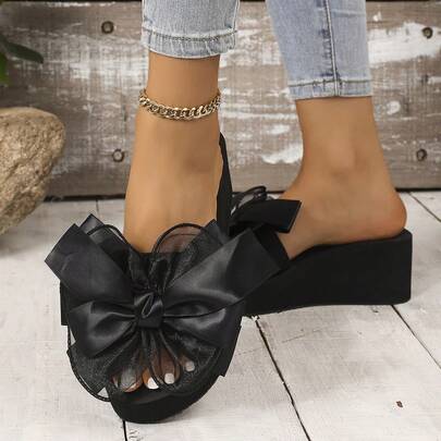Women's Handmade Floral Bow Tie Fabric Slip-On Slippers, TPR Sole 6.5cm Heel, Non-Slip & Durable, Casual Beach Vacation Summer Wedge Sandals, Black