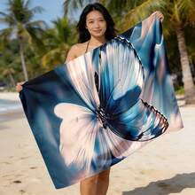 A Single Piece Featuring A Blue Butterfly Design, This Soft And Comfortable Unisex Beach Towel Is Made Of Lightweight Polyester. It Is Highly Absorbent, Quick-Drying, And Easy To Transport, Making It Perfect For Beach Outings, Camping, Swimming - trắng - Xem 3