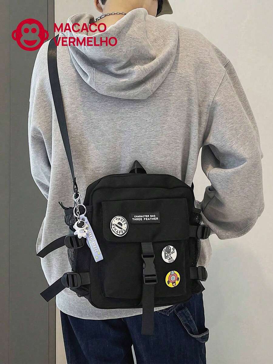 Multi-Functional Crossbody Bag For High School Students, Casual Square Letter Print Bag For Men, College Travel Backpack, Outdoor Sports Carry-On, Multi-Pocket Crossbody Bag, Christmas Gift For Men, Winter Hiking Bag, Vacation Travel Bag, Vacation Essential Bag, Camping Crossbody Bag, Spring Back To School Bag - màu đen - Xem 1