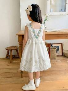 Girls' Summer Embroidered Sleeveless Elegant Dress, Ruffled Shoulder Design, Colorful Floral Sequin Decor, Double-Layer Skirt, Princess Style - White - View 6