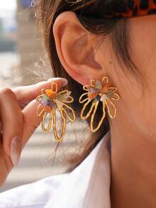 Frminee 1 Đôi bông tai mùa hè kiểu retro họa tiết hoa bằng thép không gỉ mạ vàng 18K, phong cách Bohemian, phù hợp để đeo hàng ngày và trong các dịp lễ, món quà trang sức thời trang phương Tây dành cho phụ nữ. - Vàng - Xem 5