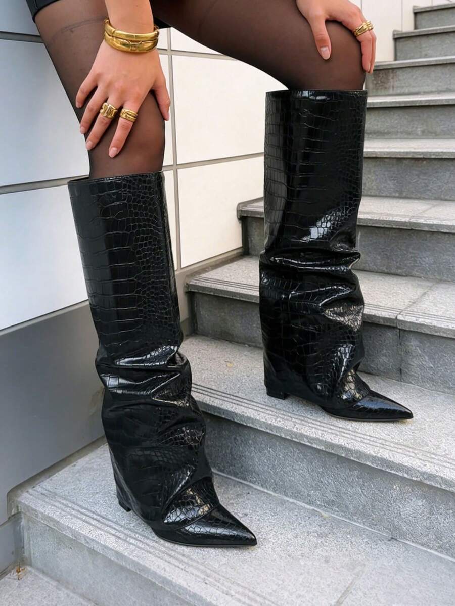 Women's Knee High Fold Over Slouchy Shark Boots Fashion Pointed Toe Block Thick High Heels Pull On Party Dress Punk Pleated Fall Boots Woman - 黑色 - 查看 1