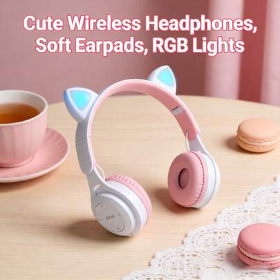 新款猫耳无线耳机，渐变色可爱头带耳机带 Micro SD 卡插槽，可折叠迷你马卡龙，情人节、圣诞节、新年礼物，适合女性