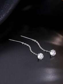 1 Pair S925 Sterling Silver Minimalist Zirconia Tassel Earrings, Delicate Versatile Everyday Wear Earrings For Women - Round - View 7