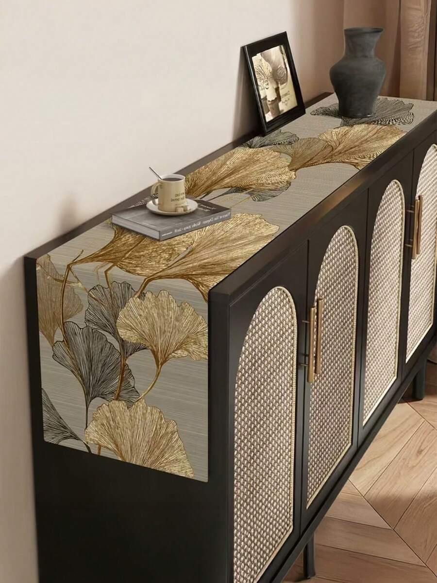 1pc Luxury New Chinese Style Ginkgo Leaf Print Decorative Table Runner, Modern Minimalist Gold Foil Ginkgo Leaf Table Runner Suitable For Dining Room, Kitchen, Living Room, Outdoor Patio, Garden Home Decor - Multicolor - View 1