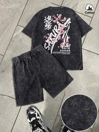 Standard Size Men's Washed Vintage Short Sleeve Set, Interesting Tokyo Sakura Samurai Sword Print, Casual Cool Versatile Black High Quality Cotton Washed Short Sleeve Set, Suitable For Daily Wear