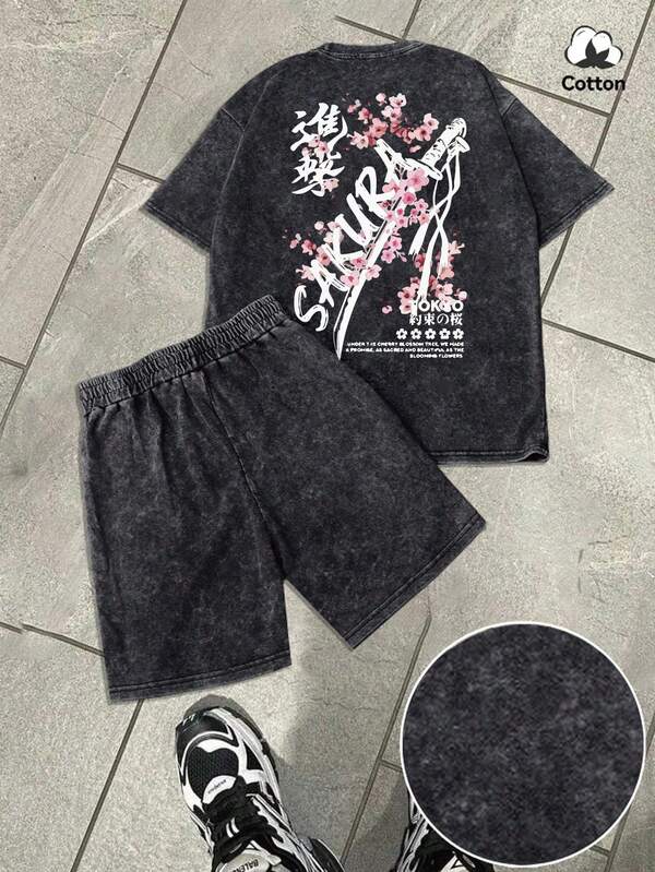Conjunto de manga corta lavado vintage talla estándar para hombres, con estampado interesante de espada samurái y flor de cerezo de Tokio, conjunto de manga corta lavado de algodón negro de alta calidad, versátil y casual, adecuado para uso diario