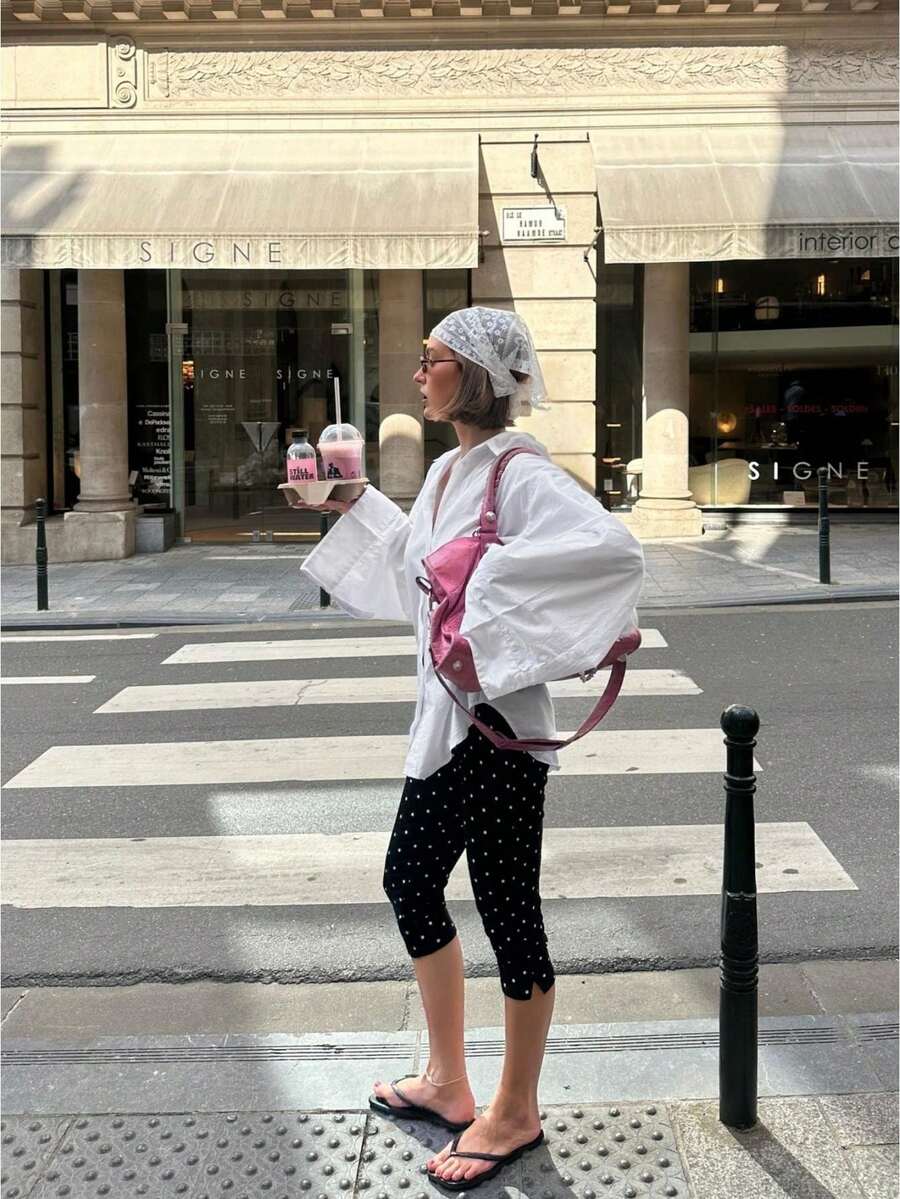 Women Y2k Polka Dot Printed Capris Cute Low Rise Stretchy Cropped Pants Side Bow Tie Skinny Capri Leggings Going Out - 黑色 - 查看 1