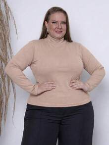 Women's Plus Size Fashion Blouse, High Neck, Ribbed, Thermal, Flannel Lined, Long Sleeves, Comfortable For Winter. - Nude - View 1