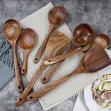 7件套优质天然黄杨木烹饪用具套装，包括锅铲、米筛、汤勺、滤网、烹饪勺和锅铲，厨房必备，圣诞礼物 - 查看 3