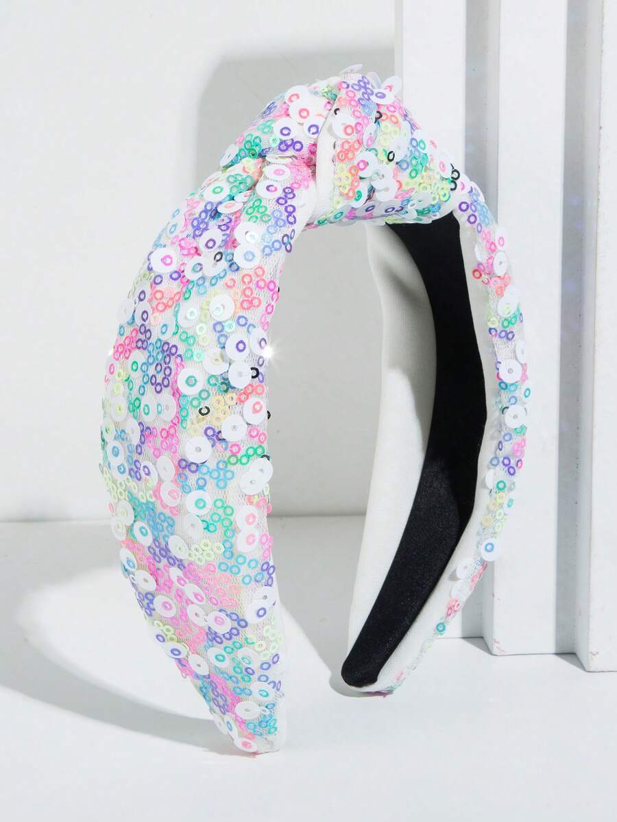 1 chiếc băng đô bản rộng đính sequin thanh lịch, ngọt ngào, thiết kế độc đáo, phù hợp cho bé gái sử dụng hàng ngày. - trắng - Xem 1