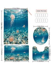 1/3/4件套深海水母印花浴帘浴室套装,海洋生物风格浴室窗帘,防水耐用现代家居浴室装饰浴帘,72英寸*72英寸浴室隔断浴帘,包含12个挂钩,浴室配件 - 包括马桶盖、浴垫和地毯,采用涤纶面料 - 可水洗,适用于家庭浴室/酒店/度假租赁/西式浴室/水族馆/房车深海风格浴室装饰,四季皆宜,公寓必备,乔迁礼物,母亲节礼物 - 水母 - 查看 16