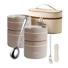 8pcs Insulated Lunch Container Set 4pcs Stainless Steel Bento Box With Insulated Lunch Bag Fork Spoon Cutlery Box - Beige - View 8