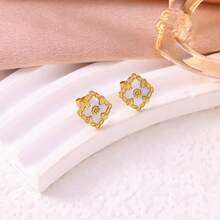 1对18K镀金不锈钢四叶草耳钉，适合女士日常佩戴 - 彩色 - 查看 2