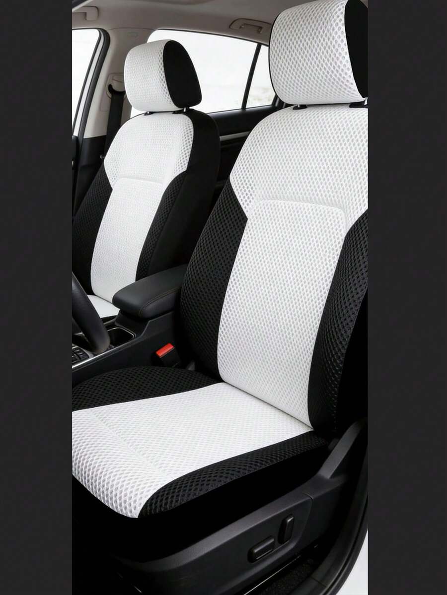 5pcs Car Seat Covers, Sandwich Mesh Fabric, Breathable & Ventilated, Soft & Comfortable, Elastic, Car Accessories, Women/Men Car Seat Covers, Car Decor, Black & White Patchwork, Suitable For All Seasons, Dust & Stain Resistant, Summer Exclusive Car Seat Covers - Multicolor - View 1