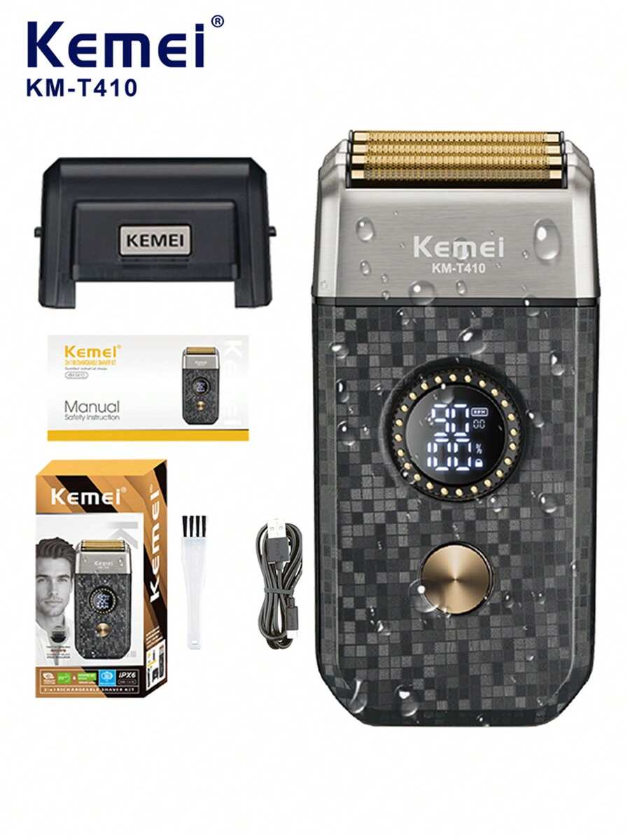 Máy cạo râu điện chuyên nghiệp chống nước KM-T410 dành cho nam giới, máy cạo râu 3 đầu xoay nổi, pin sạc dung lượng lớn bền lâu, 13 tốc độ điều chỉnh, màn hình LCD, máy tỉa râu, máy tỉa tóc mai, máy cạo đầu hói.