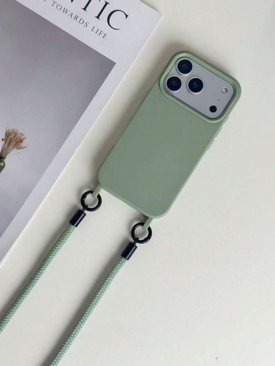 Matcha Green Braided Lanyard Phone Case, Shockproof Silicone Crossbody Protective Cover With Detachable Strap - Green - View 1