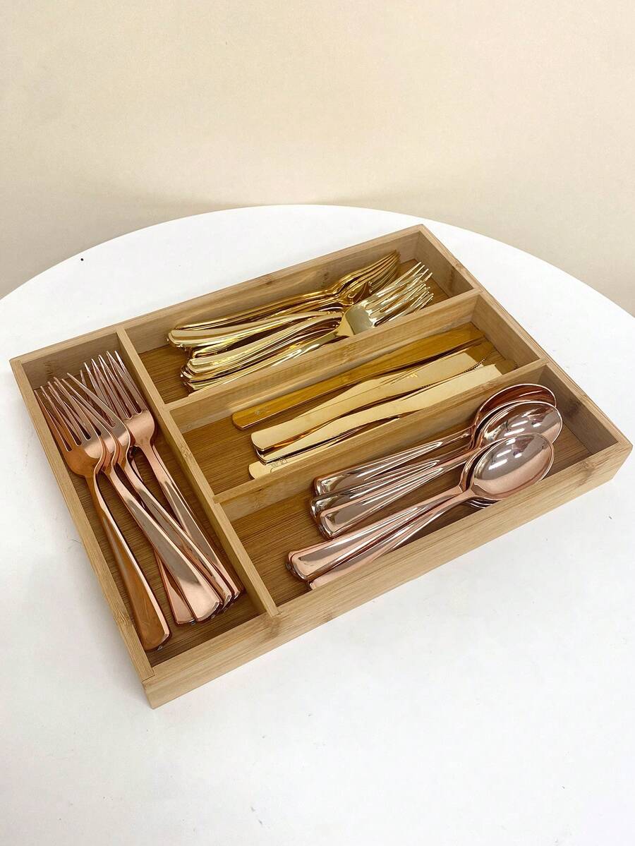 1 hộp sắp xếp ngăn kéo, khay chia ngăn kéo nhà bếp 4 ngăn, khay đựng dao kéo và dụng cụ cao cấp cho nhà bếp, phòng tắm, bàn làm việc - Màu gỗ - Xem 1