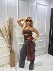 Elegant Brown Strapless Cropped Top In Suplex With Sexy Cutouts And Tie Detail –  Women's Fashion Top 2026 - 鏽棕色 - 查看 1