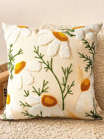 刺绣枕套，带拉链装饰枕套，美观可爱设计，波西米亚风春夏舒适枕套，白色雏菊图案，适用于客厅、卧室、沙发床装饰，适合日常使用、派对、母亲节等场合。