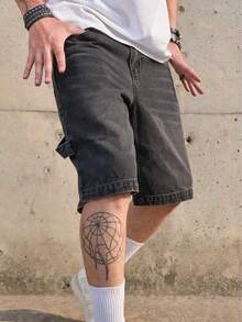 Men's Casual Denim Shorts, Summer American Style Washed Vintage Light Blue Loose Fit Bermuda Shorts - Grey - View 4