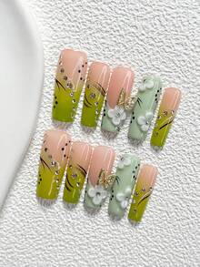 10Pcs Forest Inspired Style Handmade Nail Art Set,Unghie Press On,Openwork Butterfly, Diamond Nail Art Accessories,Hand Sculpted Petals, Lines And Polka Dots Nail Art Decorations,Green Nail Polish,Fresh Style,Comes With Nail Tools(1 Sheets Jelly Stickers+1PC Nail File)3 Sizes Available,Almond Nails, Duck Nails,Coffin Nails,Suitable For Reunion,Daily,Party,Photograph,Play,Spring Summer,Commute Supplies Nails - 彩色 - 查看 12