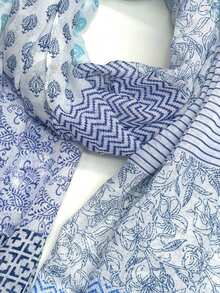 1条轻盈印花流苏围巾，优雅时尚的女士披肩，透气雪纺材质，适合春夏穿着，用途广泛，可用于户外、海滩、头巾、假日等场合。 - 藍色 - 查看 10