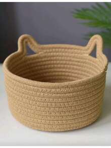Pink Cat Ear Handmade Woven Desktop Storage Basket, Multifunctional Handheld Basket - Khaki - View 5