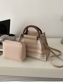 2026新款大容量度假编织多功能女士包，简约时尚条纹编织水桶包两件套，休闲优雅单肩斜挎包，适合外出、度假、海滩等场合 - 卡其色 - 查看 8