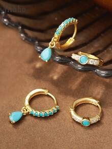 Hihho Bộ 4 đôi bông tai thiết kế độc đáo, sang trọng, đính đá ngọc lam, phụ kiện trang trí tinh tế dành cho nữ, thích hợp đeo hàng ngày, lễ hội, mua sắm và du lịch. - Bộ hoa tai - Xem 4