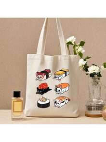 Men's Sushi & French Bulldog Themed Vintage Canvas Shoulder Bag - Cute Chibi Maki, Salmon Nigiri, Unagi, Tuna Sashimi & Shiba Inu Print Handbag For Work,, Shopping - Lovers Gift - trắng - Xem 4