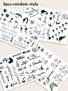 Tatuajes temporales de pequeños patrones de pájaro negro, corazón, diamante, nota musical, latido del corazón para dedos, orejas, muñecas, Body, estilo boceto - Negro - Ver 10