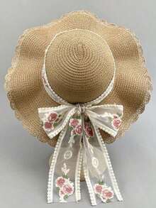1pc Bohemian Style Retro Korean Version Breathable Straw Hat For Women. Beach Travel Sun Hat, New Street Fashion Wide Brim Hat, Decorated With Elegant Bow And Ribbon Details, Made Of Lightweight And Breathable Polyester Fiber With UV Protection. - Mũ Rơm - Xem 2
