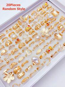 Juego de 20 piezas de anillos con diseños de mariposa, serpiente y flor, con incrustaciones de rhinestone, accesorios de joyería adecuados para uso diario y decoración de fiestas - 20 anillos huecos de oro al azar - Ver 8