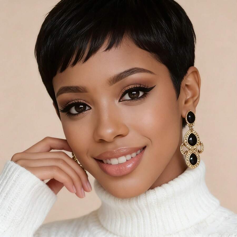Beaushine 1B Short Pixie Cut Brazilian Human Hair Wig, 180% Density, Glueless Rose Net Cap, Suitable For Daily Wear, Parties, Festivals, Breathable And Comfortable, Fits Multiple Skin Tones And Hair Types