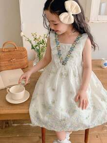Girls' Summer Embroidered Sleeveless Elegant Dress, Ruffled Shoulder Design, Colorful Floral Sequin Decor, Double-Layer Skirt, Princess Style - White - View 4