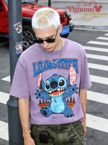 Unisex Short Sleeve T-Shirt, Disney Stitch LILO&STITCH Print Short Sleeve, Summer Travel Short Sleeve - 淡紫色 - 查看 1