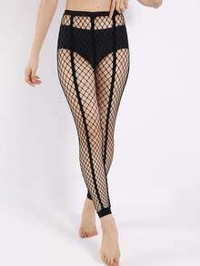 1双女士性感镂空蕾丝连裤袜，黑色镂空渔网袜，夏季短款渔网紧身裤，高腰镂空设计，透气网眼 - 黑色 - 查看 3