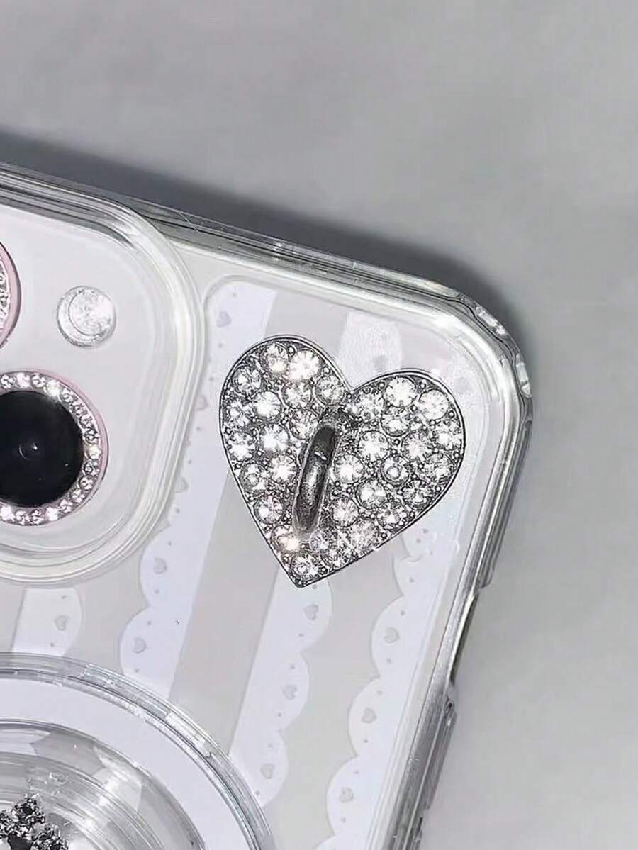 2/4/6/10个银色心形和星形挂钩装饰手机挂绳，方便携带，背面带粘性防止脱落，时尚美观。 - 快閃鑽愛心 - 查看 1
