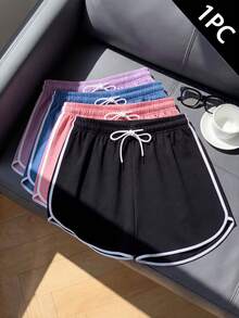 1件女款夏季抽繩腰條紋運動短褲，適合健身、運動、跑步等場合，黑色 - 黑色 - 查看 3