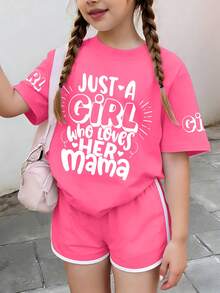 Teenage Girls Casual Cute Slogan Graphic Round Neck T-Shirt + Shorts Set, Comfortable Summer Outfit - Multicolor - View 2