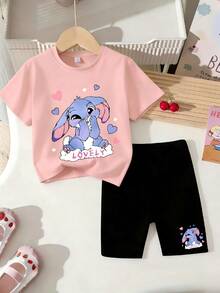Girls' Casual Summer Set, Pink Short Sleeve T-Shirt With Shy Rabbit Cartoon Print, Paired With Black Shorts With Matching Pattern, Cute And Lively, Suitable For Daily Wear Or Campus Outfit - Multicolor - View 9