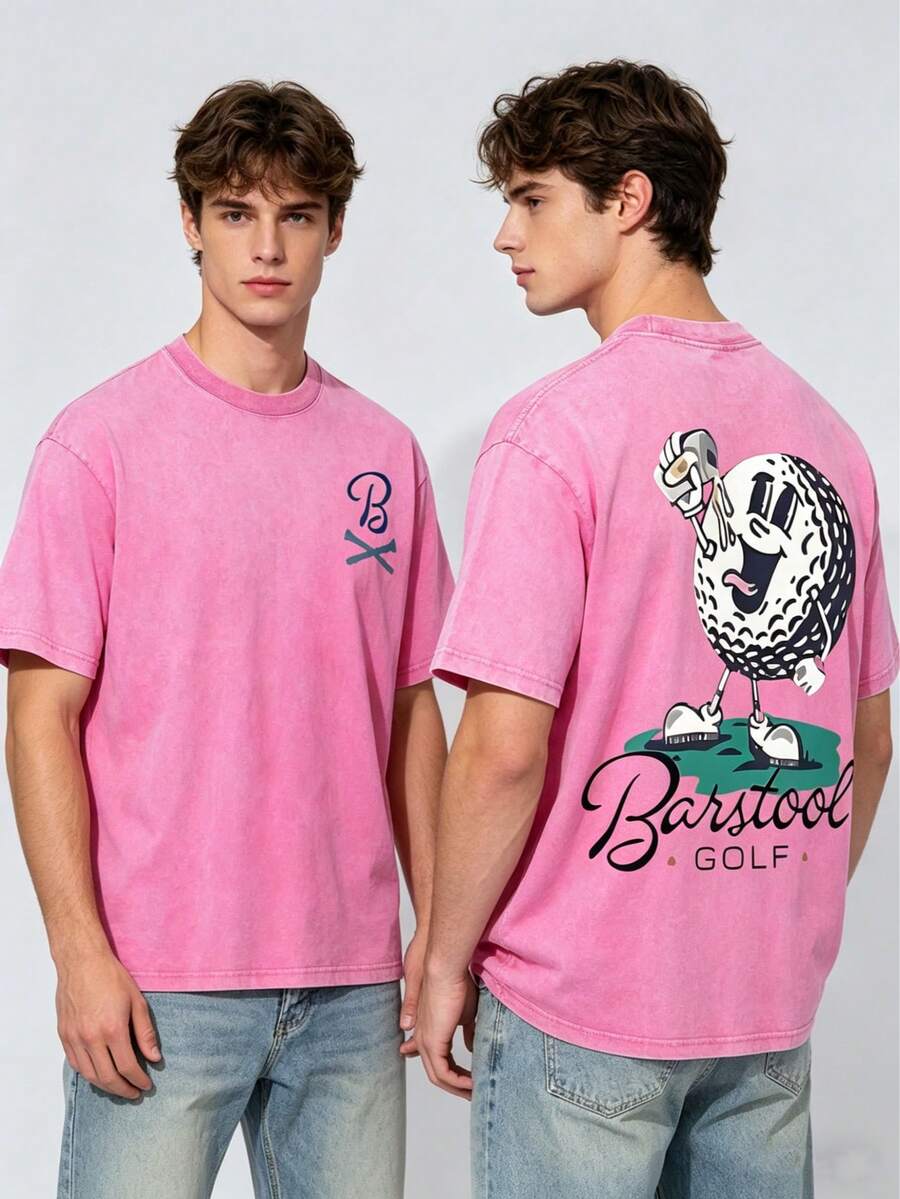 230g Vintage Washed Pure Cotton Men's T - Shirt, Featuring A Casual And Stylish Design With A "Barstool GOLF" Golf - Ball Print. Ideal For Outdoor Sports, This T - Shirt Offers A Loose Fit And Is Made From Soft Knitted Fabric - 玫紅色 - 查看 1