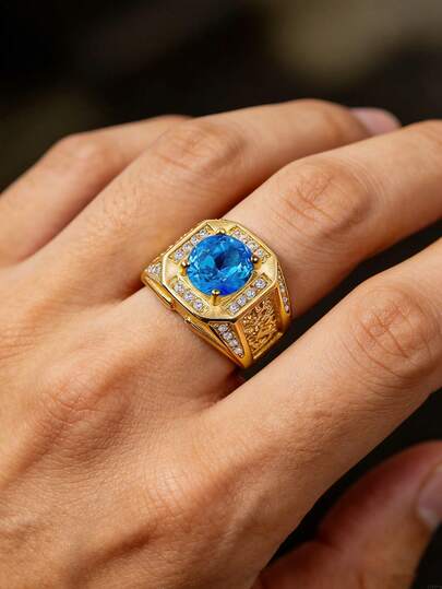 18K Gold Plated Men's Stainless Steel Ring Inlaid Cubic Zirconia Vintage Luxury Signet Ring For Daily Wear Party Gift