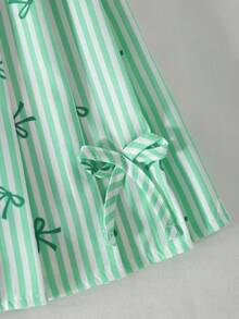 Girls' White V-Neck Ribbed Knit Tank Top + Vertical Striped Bow Print Skirt 2Pcs Set, Suitable For Daily Wear, Outdoor Activities And Events, Spring/Summer - Green - View 3